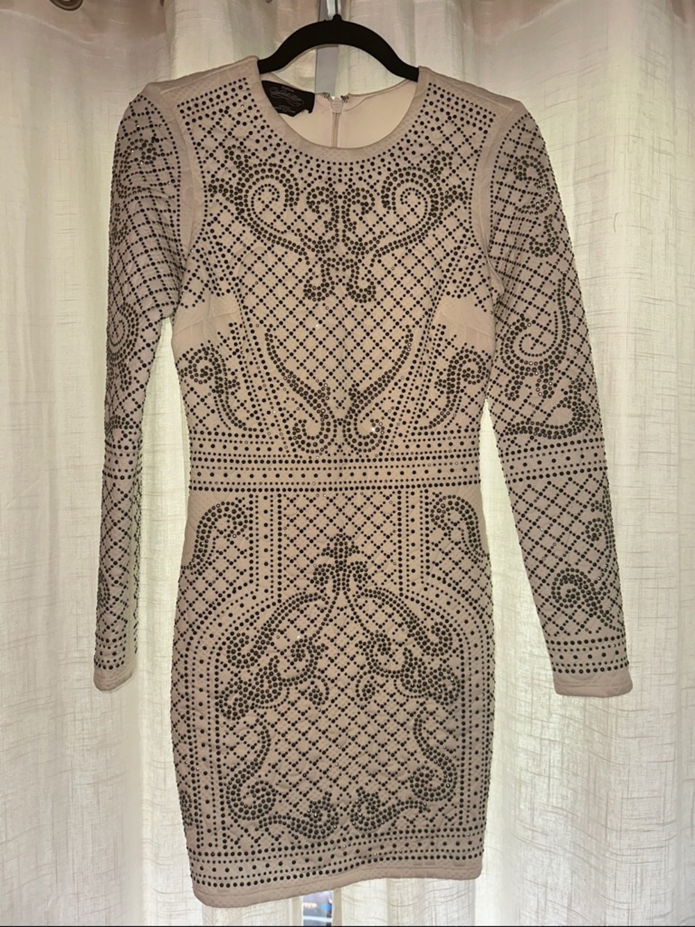 bebe Beige Long-Sleeve Studded Bodycon Dress